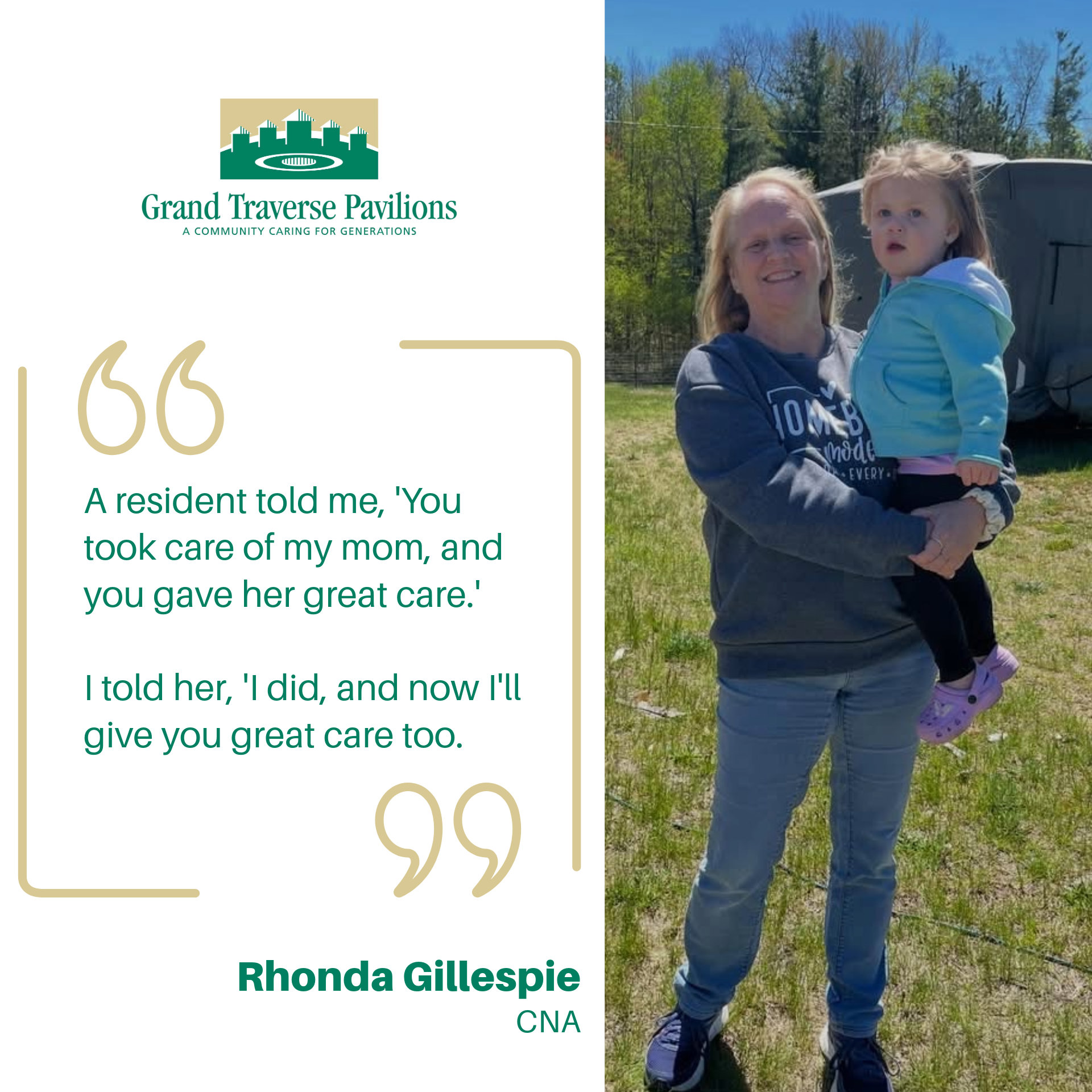 Rhonda Gillespie and her granddaughter standing outside in front of their camper. They are both smiling and looking at the camera